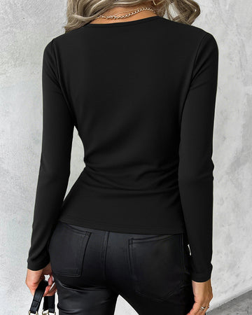 Metal Ring Decor Overlap Deep V Neck Long Sleeve Wrap Front Tee Slim Fit Ruched Top